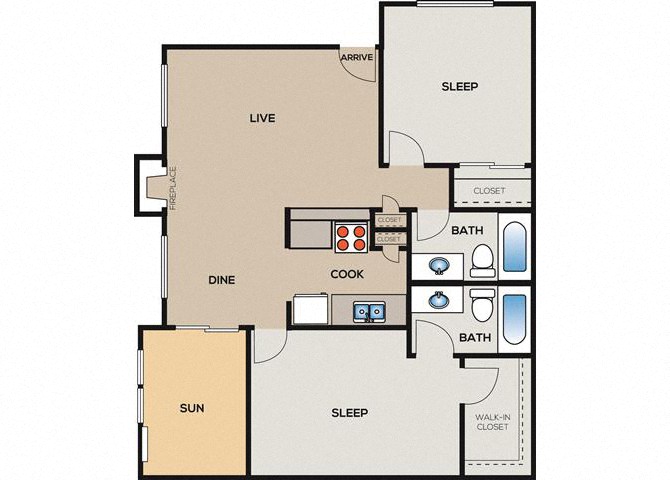 Floor plan for 2 beds, 2 baths, 991 sqft
